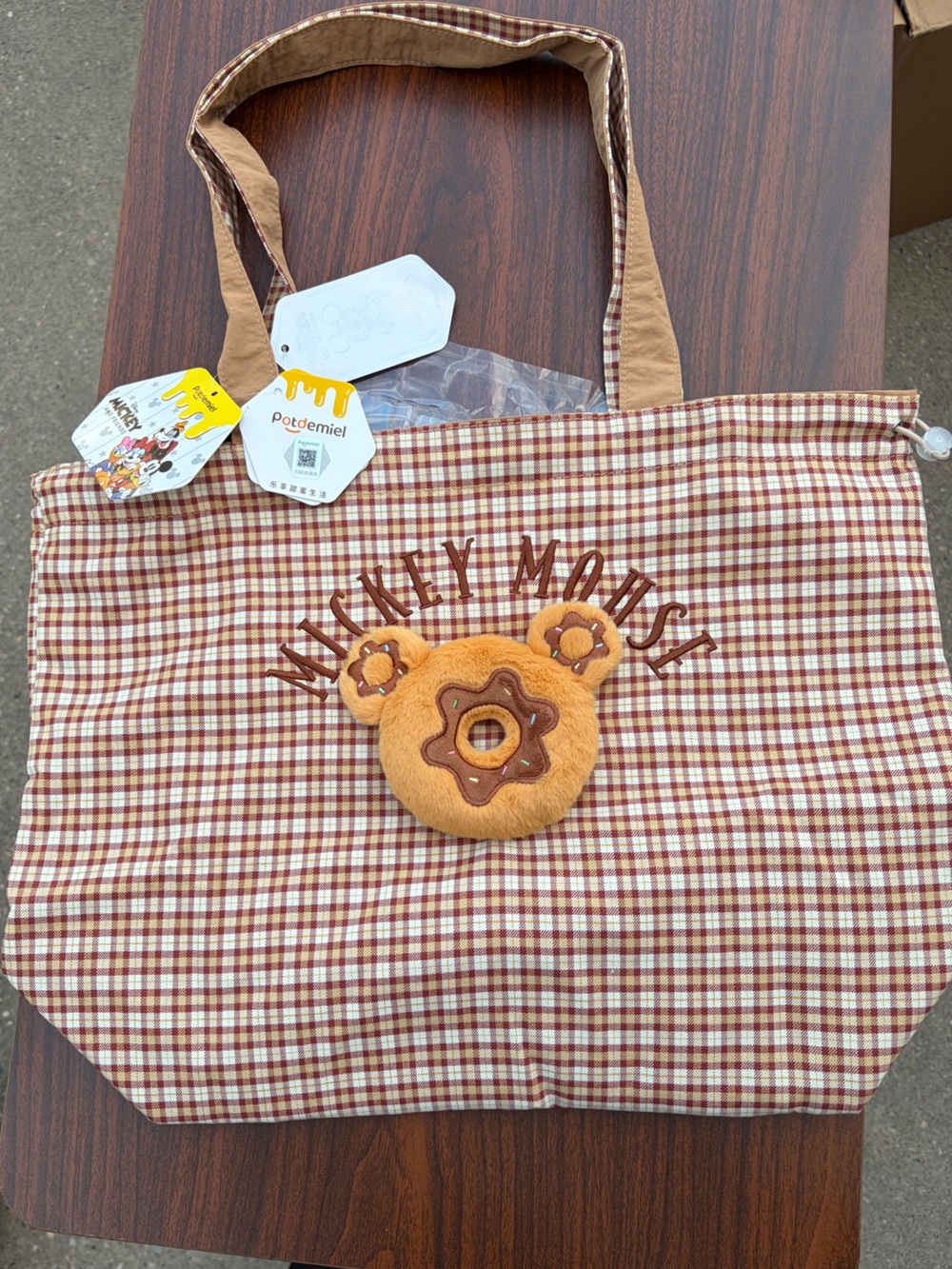 Disney Mickey Mouse Potdemiel Reversible Plaid Donut Tote Shoulder Bag NWT